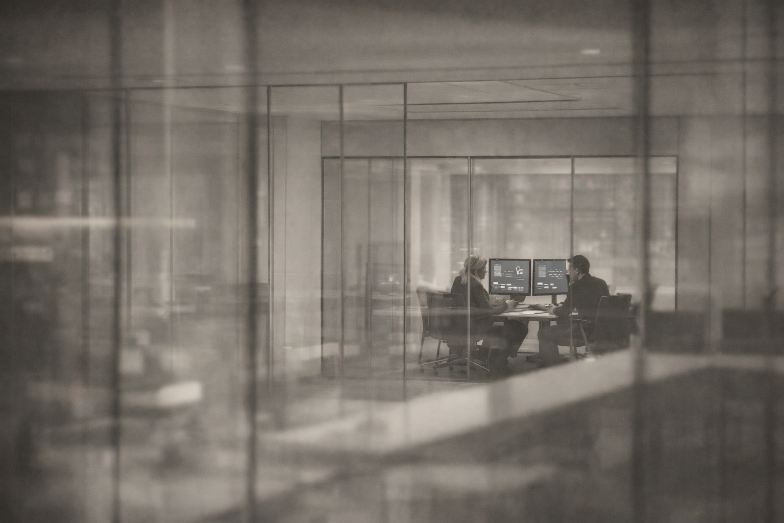 professional consultants and engineers collaborate in a modern high-tech office with glass walls and technical information on screens